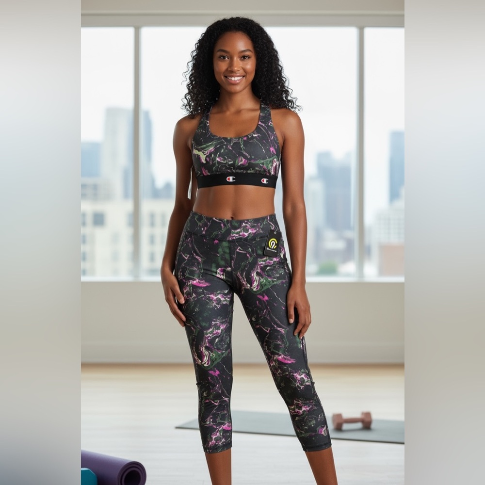 Champion - NWT - Women's Black and Pink Marble Sports Bra & Leggings